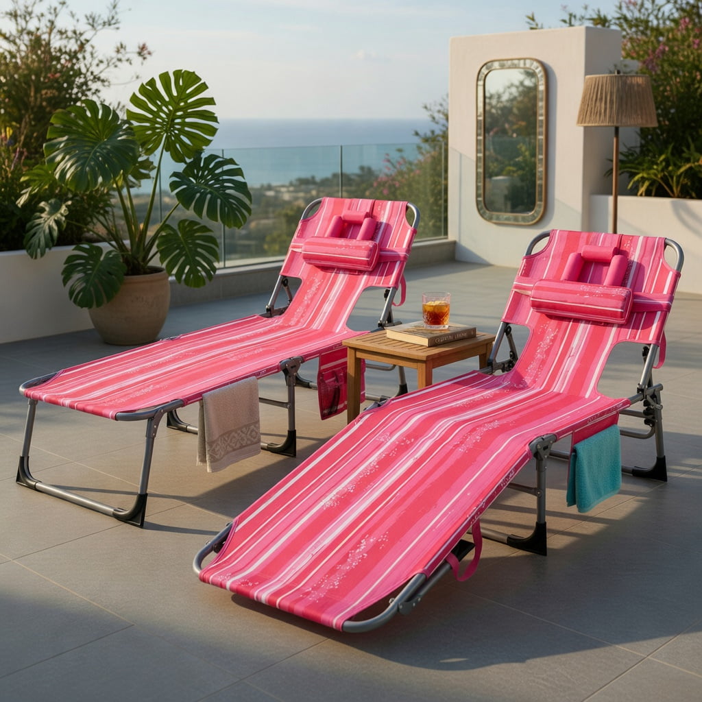 Hommoo Premium Foldable Beach Lounge Chair with Removable Pillow, Adjustable Reclining Outdoor Lounger for Beach, Pool & Patio, Pink