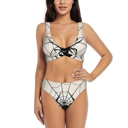 Zeuib Spiders On The Web 1 High Waisted Tummy Control Bikini Set - Knot Front Push Up Top & Cheeky Thong Bottom  Two-Piece Swimsuit for Women-X-Large