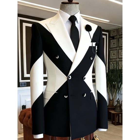 Men's Black & White Geometric Color-Block Double-Breasted Blazer, Slim Fit Formal Suit Jacket for Weddings, Parties & Statement Events