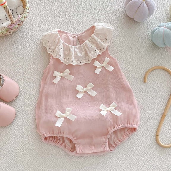 Newborn Onesies Girl Summer Bow Pattern Sleeveless Romper Baby Girl Romper Pink 0-3 Months