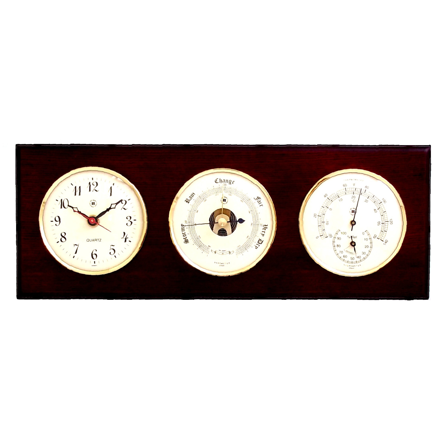 Quartz Clock, Barometer and Thermometer with Hygrometer on Mahogany