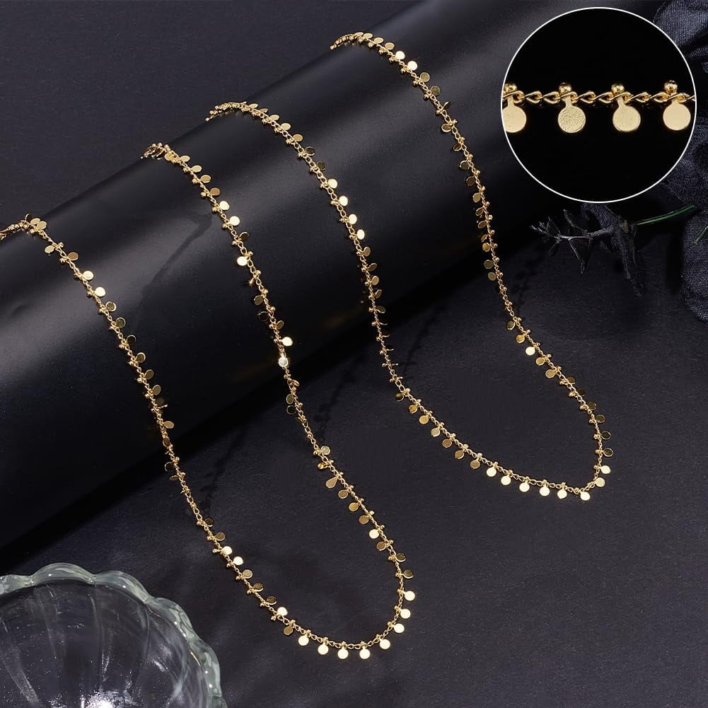 DIY Brass Curb Chains with Flat Round Charms Necklaces/Bracelets Making Kits Real 18K Gold Plated 3x2x1mm