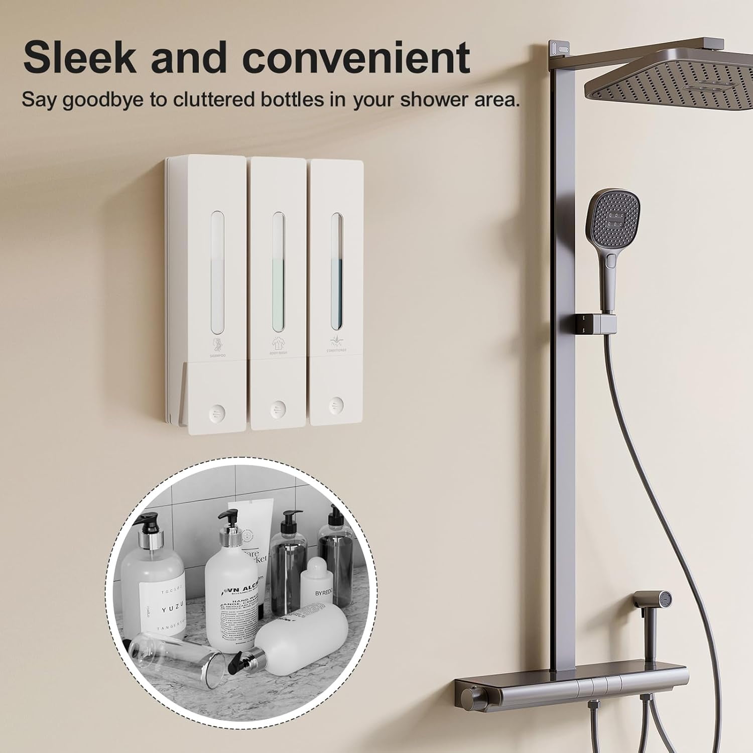 Shampoo and Conditioner Dispenser - Wall-Mounted 3-Chamber Shower Soap Dispenser, No-Drill, 1200ML Capacity, for Bathroom & Hotel