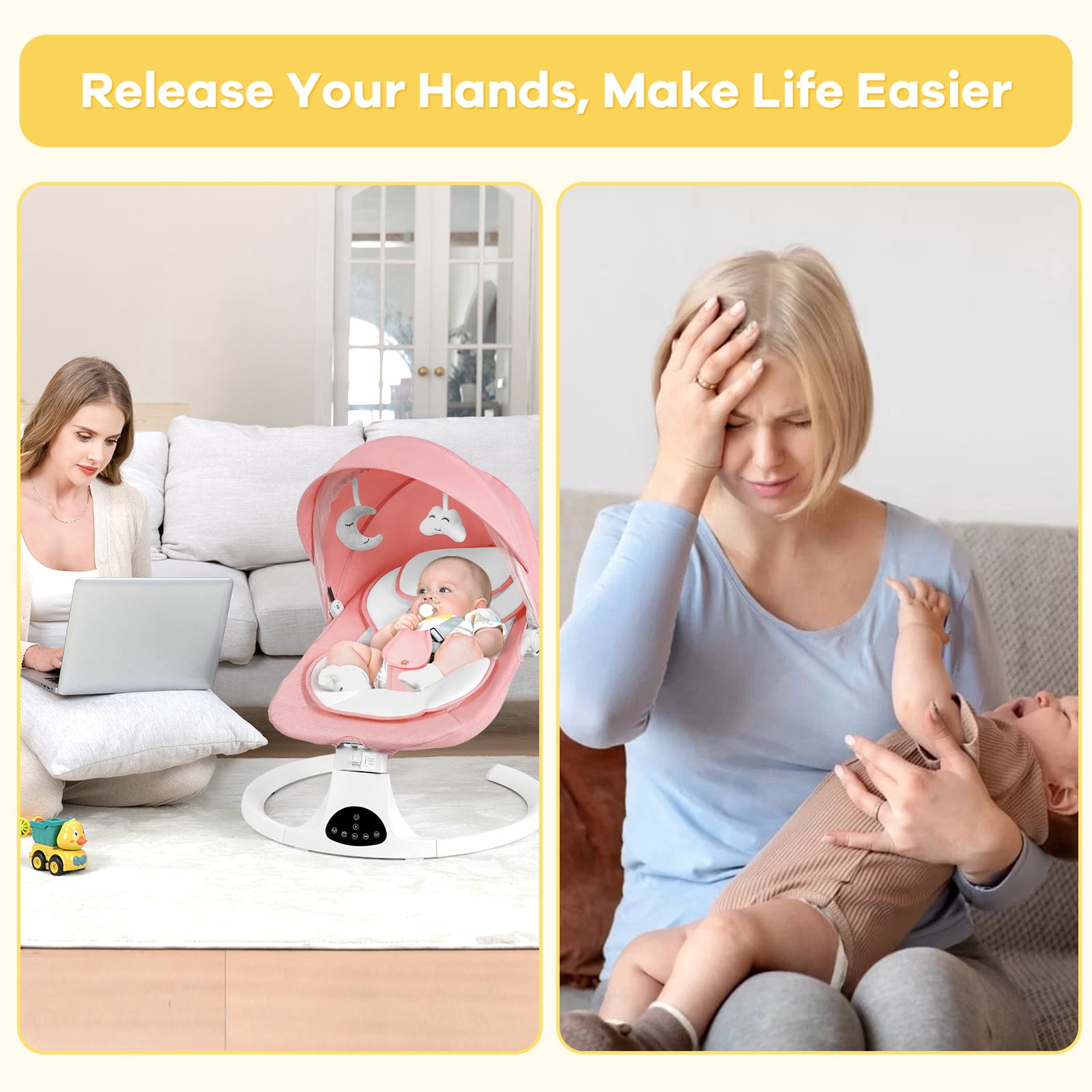 Baby Swing for Infants 0-18 Months, 5 Speed Bluetooth Bouncer with 10 Lullabies, Portable Infant Swing Chair with Detachable Toys & Mosquito Net, Lightweight for Home & Travel, Pink
