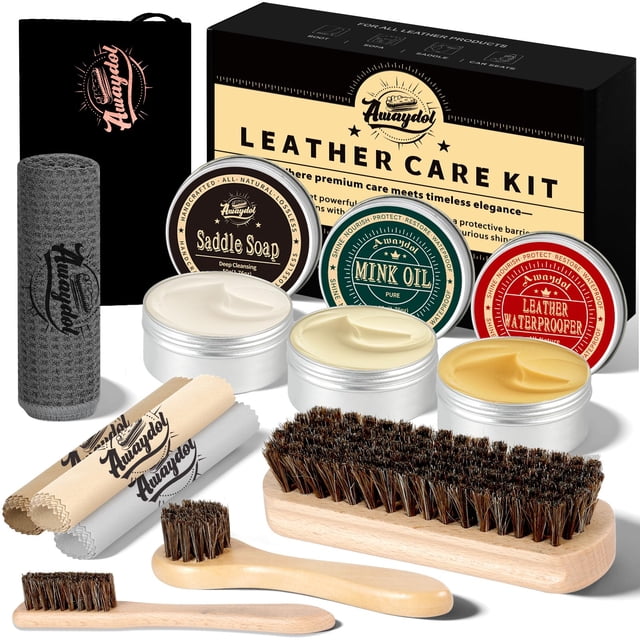 Kit de cuidado para cuero Awaydol de 10 piezas con cepillos, jabón, cera y aceite