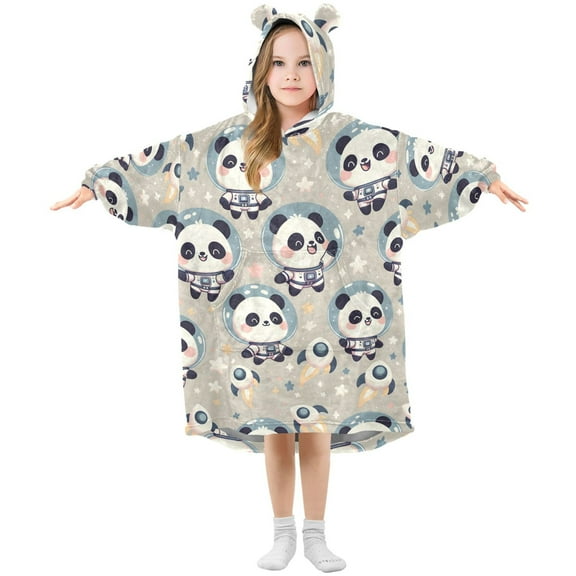 Dailycode Wearable Blanket Hoodie Oversized Sherpa Flannel Blankets with Pocket for 3-14 Year Old Cute Astronaut Panda
