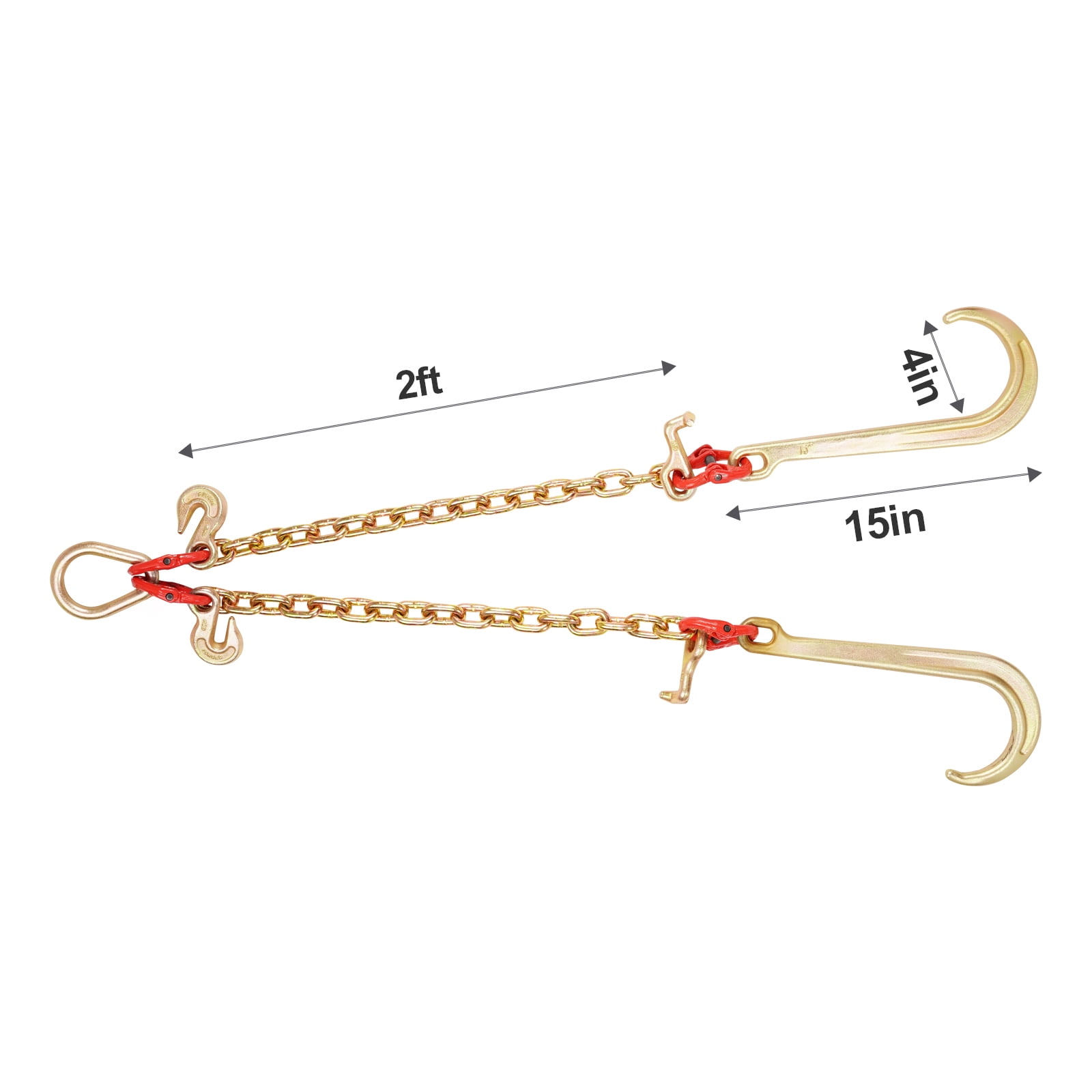 KFFKFF G80 V Bridle Chain, 3/8" x 2' with 15" J Hooks, T Hooks & Grab Hooks, Durable Tow Chain Bridle for Flatbed Truck Wrecker Recovery, 7800 lbs Safe Working Load