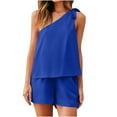 thumbnail image 1 of Women Summers 2 Piece Lounge Outfits Solid Color One Shoulder Sleeveless Tops with Loose Shorts Casual Pajamas Sets, 1 of 7