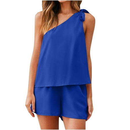 

Women Summers 2 Piece Lounge Outfits Solid Color One Shoulder Sleeveless Tops with Loose Shorts Casual Pajamas Sets