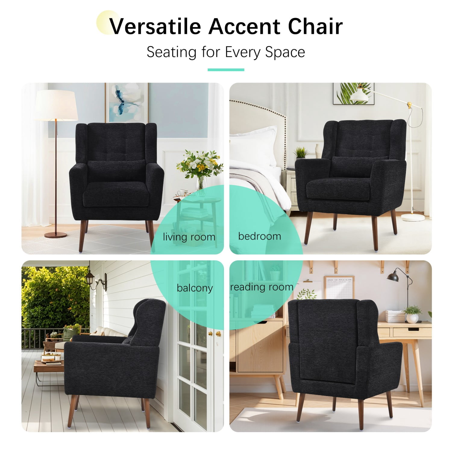 Modern Chenille Accent Chair with Pillow, Upholstered Armchair with Solid Wood Legs, Ergonomic Lounge Chair for Living Room, Bedroom, Reading Room, Small Space, Black