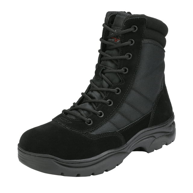 Nortiv 8 Men's Tactical Work Boots Zip Military Leather Motorcycle Combat Boots for Man Trooper Black/Suede Size 8.5