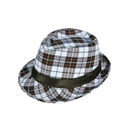 Deluxe White Black Red Plaid Pattern Classic Gangster Costume Fashion Fedora Hat