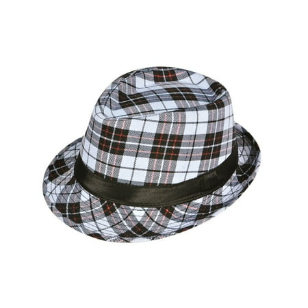 Deluxe Felt Gangster Hat - Deluxe White Black Red Plaid Pattern Classic Gangster Costume Fashion Fedora Hat
