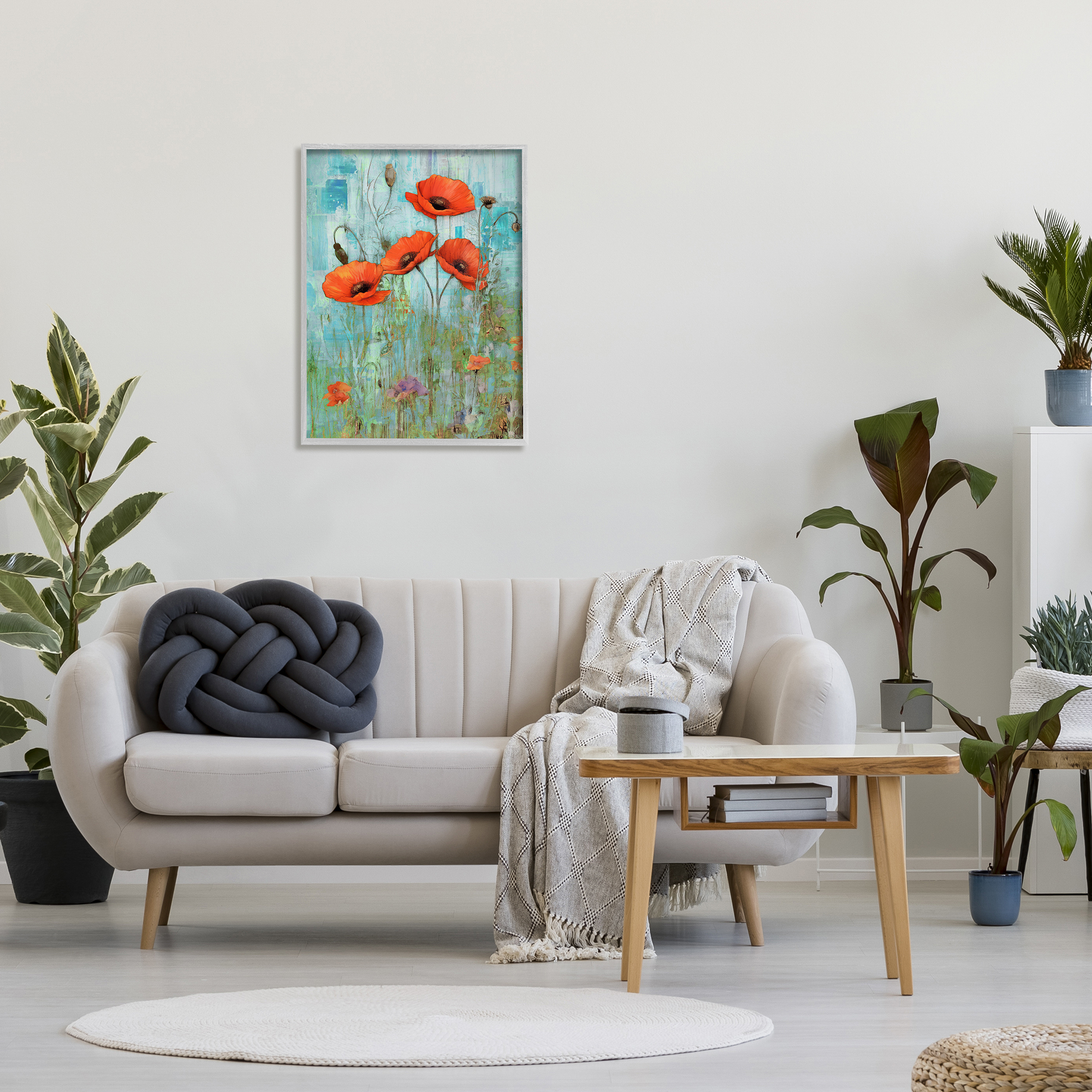 Stupell Industries Poppy Meadow on Blue Botanical & Floral Painting Gray Framed Art Print Wall Art, 24 x 30