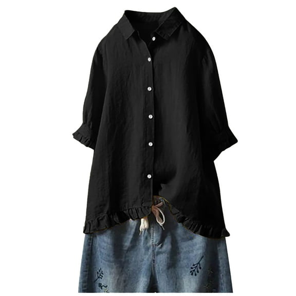 Patlollav Winter Women's Lapel 3/4 Sleeve Blouse Loose Button And Linen Tunic Shirts