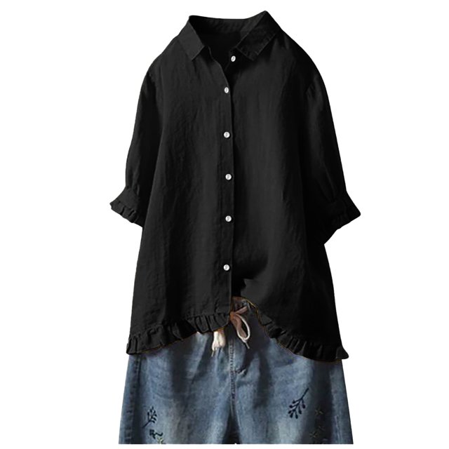 Timegard Hauts à Manches 3/4 pour Femmes en Coton et Lin Grande Taille Chemises à Volants Boutonnées Automne Hauts Amples Blouse