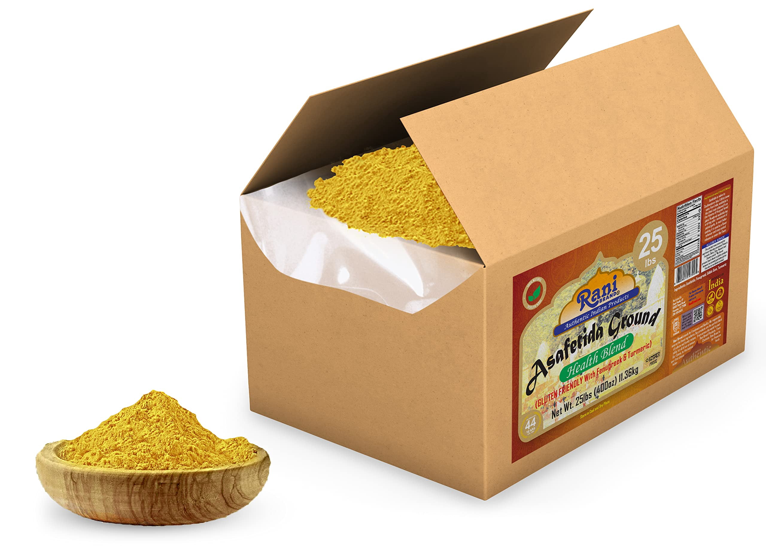 Rani Asafetida (Hing) Ground Health Blend w/ Fenugreek and Turmeric 400oz (25lbs) 11.36kg Bulk Box ~ All Natural | Salt Free | Vegan | Kosher | Asafoetida Indian Spice | Best for Onion Garlic Substitu