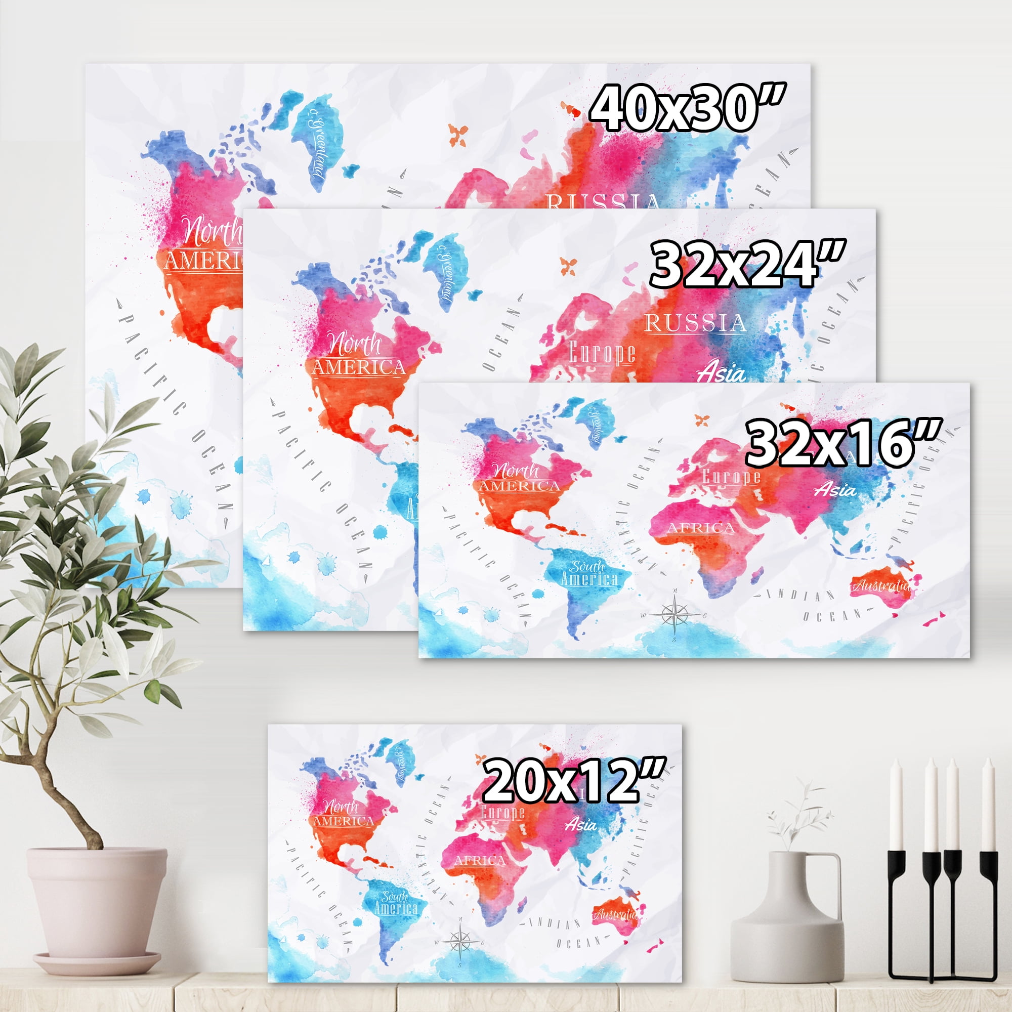 World Map In Blue and Pink 12 in x 8 in Painting Canvas Art Print, by Designart