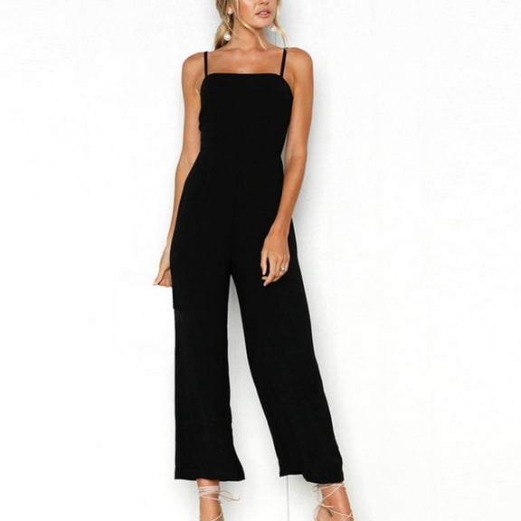 ITSAME Jumpsuits for Womens, Solid Suspender High Waist Trendy Wide Leg Overalls Black L