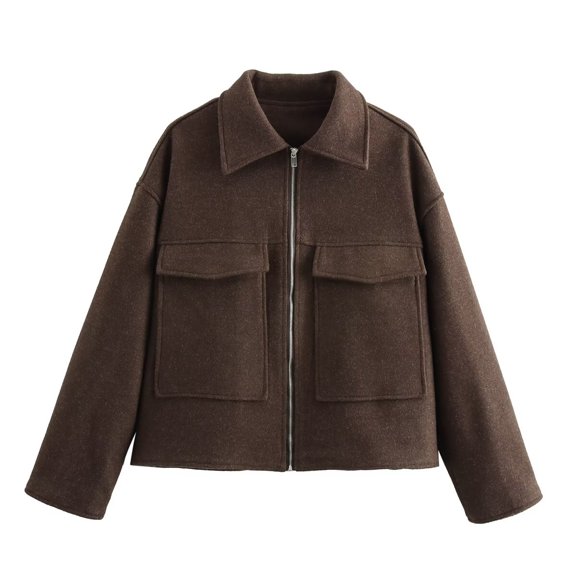 Women Solid Lapel Zip up Cropped Wool Blend Jacket Oversized Pocket Fall Winter Casual Outerwear
