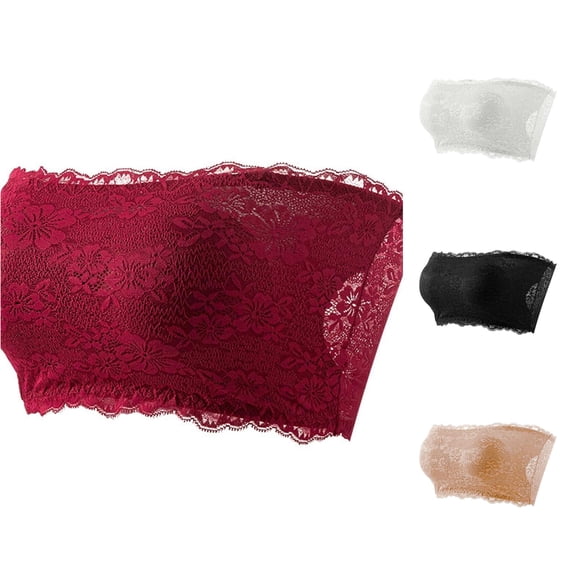 Huowey Bras For Women No Underwire Solid Color Scalloped Floral Lace Strapless Bandeau Bra Wireless Padded Anti Tube Top Off Shoulder Brassiere,Red