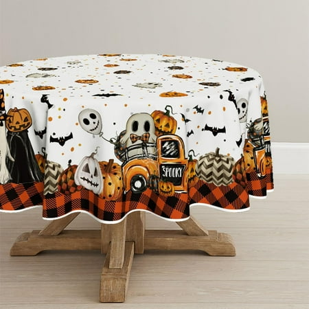 

Halloween Tablecloth 60×60 Inch Square Buffalo Plaid Jack-O-Lantern Pumpkin Bats Ghost Truck Washable Table Cover for Party Picnic Dinner Decor