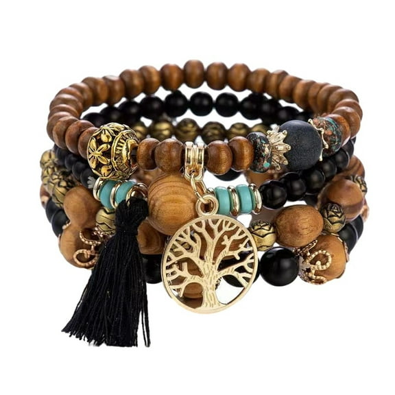 4 Pcs Bohemian Stackable Bracelets for Women Men Set Stretch Multilayer Stack Beads Colorful Beaded Charm Tree of Life Handmade Tassels Jewelry Hippie Bracelet Dainty Best Friends Gift