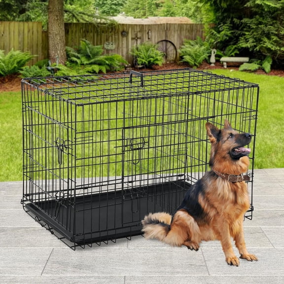 42 Inch Foldable Metal Dog Crate with Double  and Leakproof Tray for Large Breeds