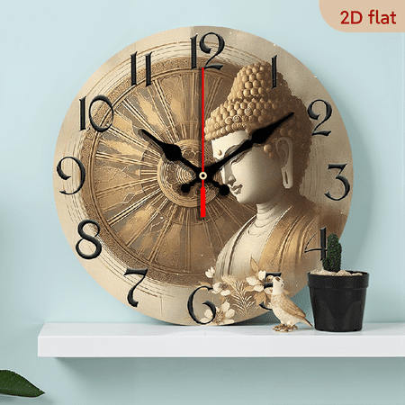 2D Flat 1pc 10Inch Rustic Farmhouse Buddha Inspired Wooden Wall Clock Silent Quartz Movement with Serene Buddha Artwork, Beige Golden Tones, AA Battery Operated (Not Included) for Kitchen, Bedroom