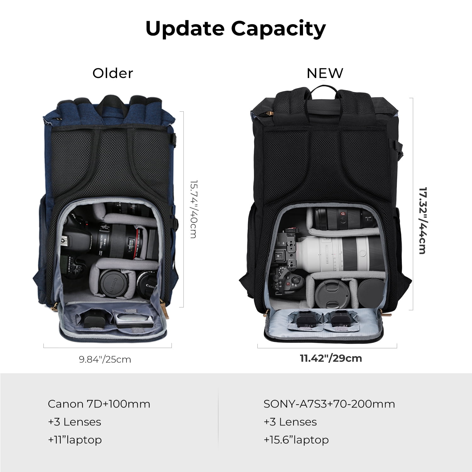 K&F CONCEPT DSLR Camera Backpack Camera Case for Photography and 15.6" Laptop Travel Use, Camera Shoulder Bag with Weatherproof Rain Cover-17.3x11.4x6.29Inch
