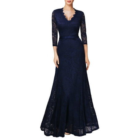 MIUSOL Women's Vintage Lace Long Maxi Formal Evening Bridesmaid Dresses Wedding Cocktail Party Dresses for Women,V-Neck,2/3 Sleeve,Empire Waist,Floor Length,Ball Gown(Navy Blue