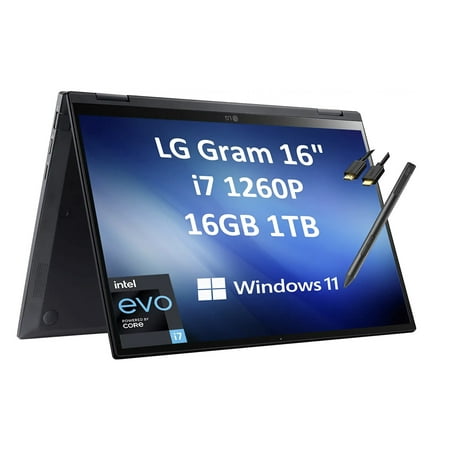 Open Box LG GRAM 2-IN-1 16" WQXGA 2560X1600 TOUCH I7-1260P 16 1TB SSD FPR WIN 11