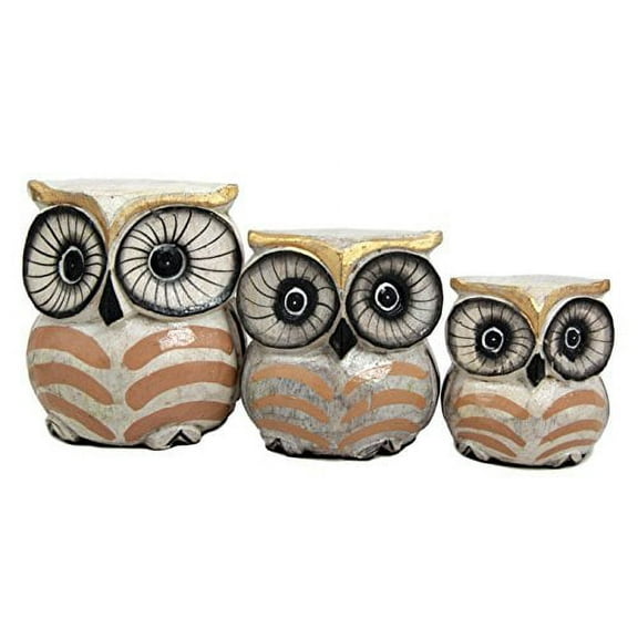 Balikraft Hand Made Wood Artisans "Burung Hantu Emas" Small Golden Forest Owl Family Set of 3 Decorative Figurines 3.5"H