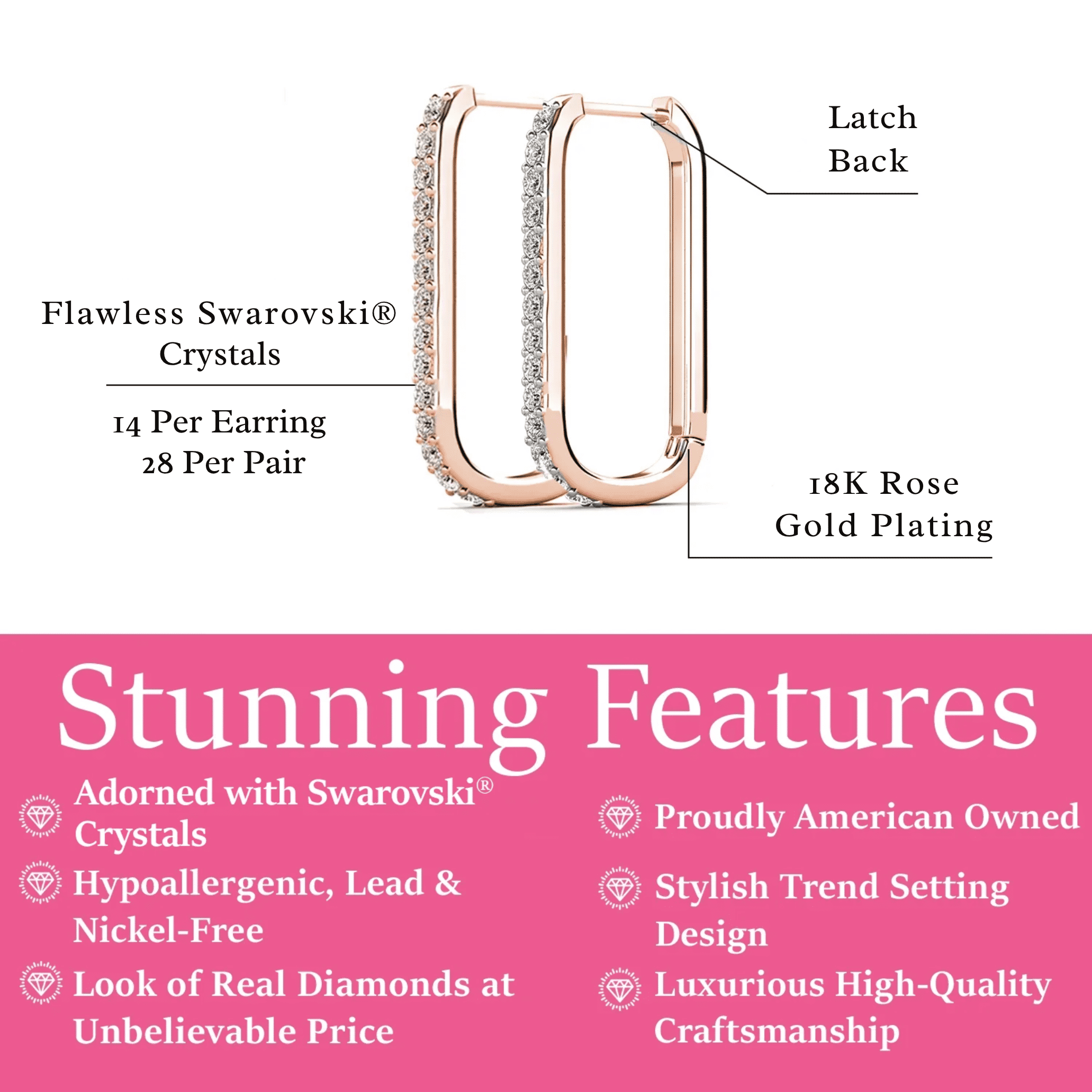 Cate & Chloe Nadia 18k Rose Gold Plated 24mm Hoop Earrings with Swarovski Crystals Gift for Women