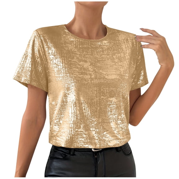 Womens Short Sleeve Dressy Tops Summer Trendy Casual Shiny Velvet T Shirt Crew Neck Casual Tunic Tees (XL, Gold)