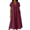 thumbnail image 2 of YuXingFu Beach Vacation Maxi Dresses Women Maxi V-Neck Plus Size Womens Dress Short Sleeve for Beach Long Casual Summer Wine S, 2 of 8