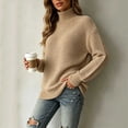thumbnail image 7 of Xaqiouau Women Thick Textured Waffle Knit Turtleneck Sweater Soft Blend Oversized Long Sleeve Rib Cuff Fall Winter Warm Pullover Top Khaki XXL, 7 of 7