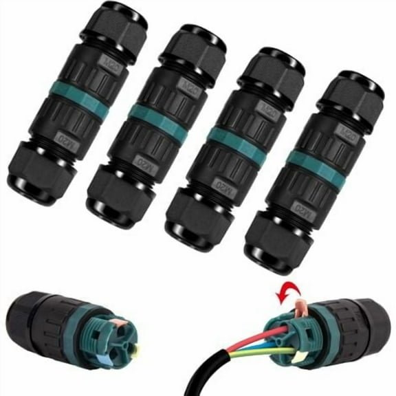 Pack of 4 IP68 Waterproof Electrical Connector - 3-Pin Waterproof Connector for Ø5-12mm Diameter Cable, Outdoor Waterproof Junction Box for Garden and Underground Cable