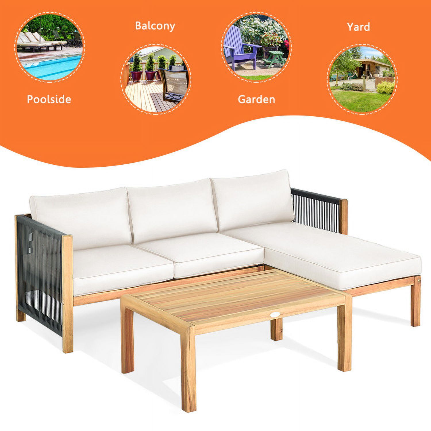 Aimee Lii 3 Piece Patio Acacia Sofa Set with Nylon Armrest, Outdoor Deck Furniture, White