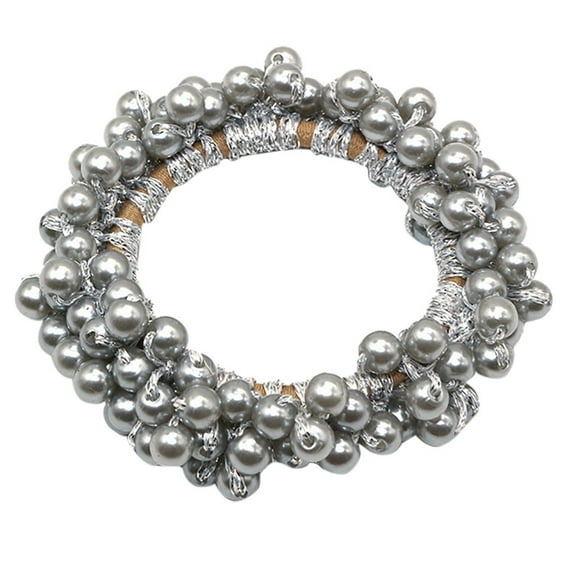 Women Pearl Bead Elastic Hair Tie Round Braided Retro Ponytail Holder Head Rope Scrunchies Hair Accessory Silver Gray F