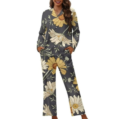

Renewold Sunflower Daisy Button Down Pajamas Women Plus Size XL Snug-Fit Long Pjs Sleepwear for Fall Winter Warmth Loungewear Tops Shirt Pants Set of 2