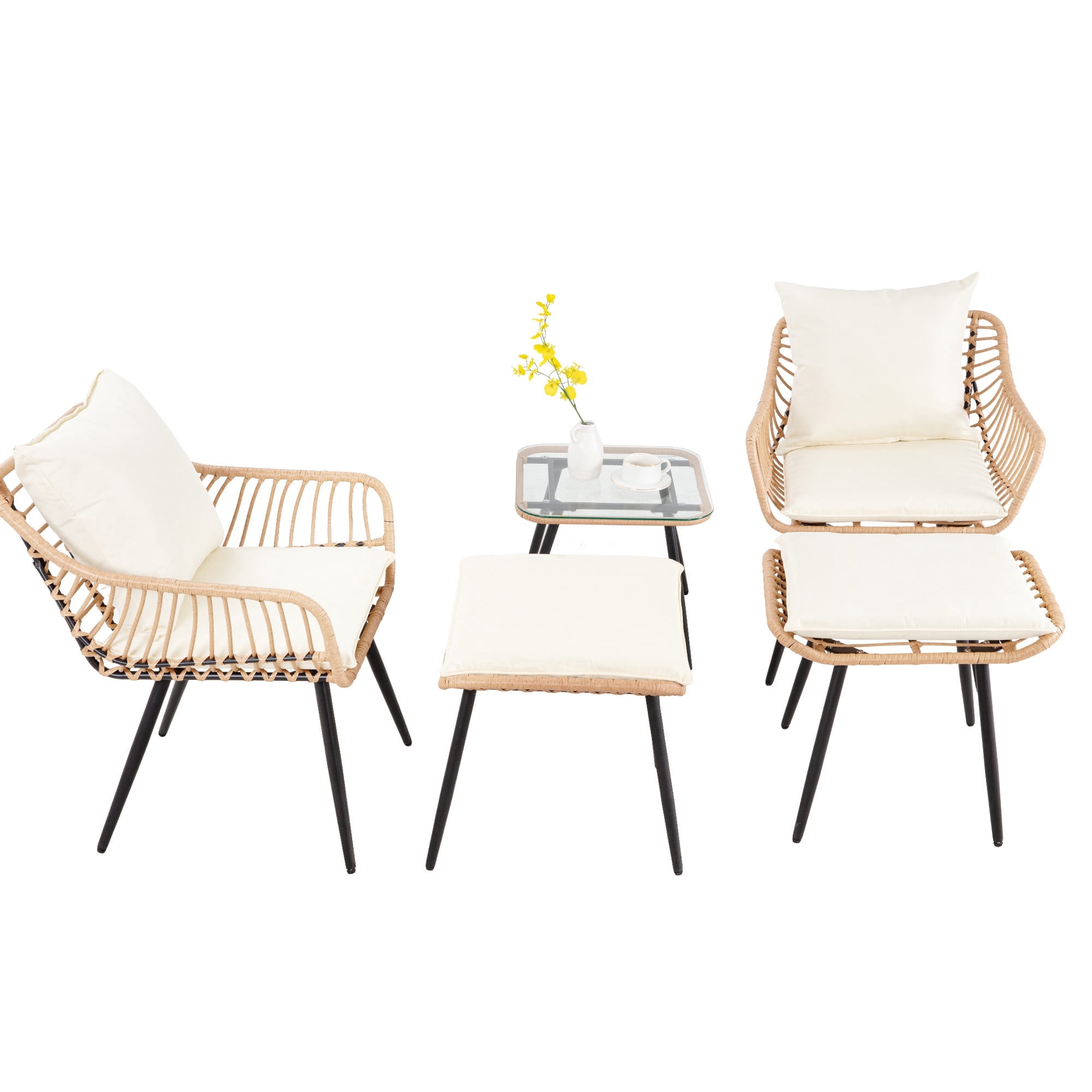 Ainfox 5 Pieces Patio Bistro Furniture Set on Sale,Outdoor Wicker Rattan Chat Conversation Set,Square Coffee Table,Yellow/Beige
