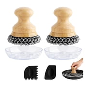 Cast Iron Scrubber and Scraper,Chain Mail Cleaner with Bamboo Handle & Draining Tray,316 Stainless Steel Brush for Cleaning Pots,Pans,Wok,Bakeware,Griddles, Grills,Dishes (Small Chain Mail)