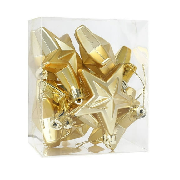12pcs Set Christmas Star Ornament Gold Electroplated Plastic Pentagram Hanging Decoration for Xmas Tree Home Party New Year Decor