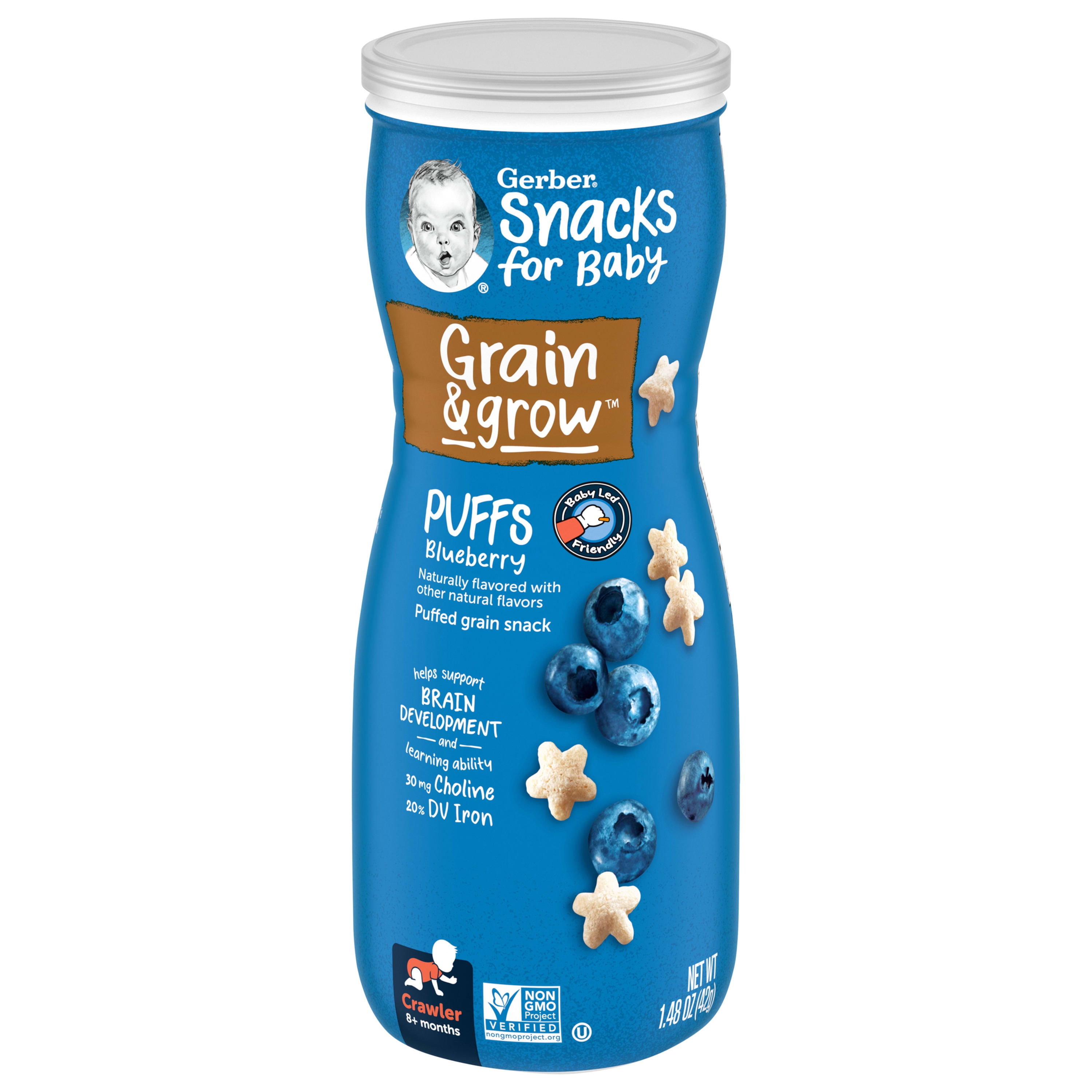 Gerber Snacks for Baby Grain & Grow Puffs, Blueberry, 1.48 oz Canister (6 Pack)