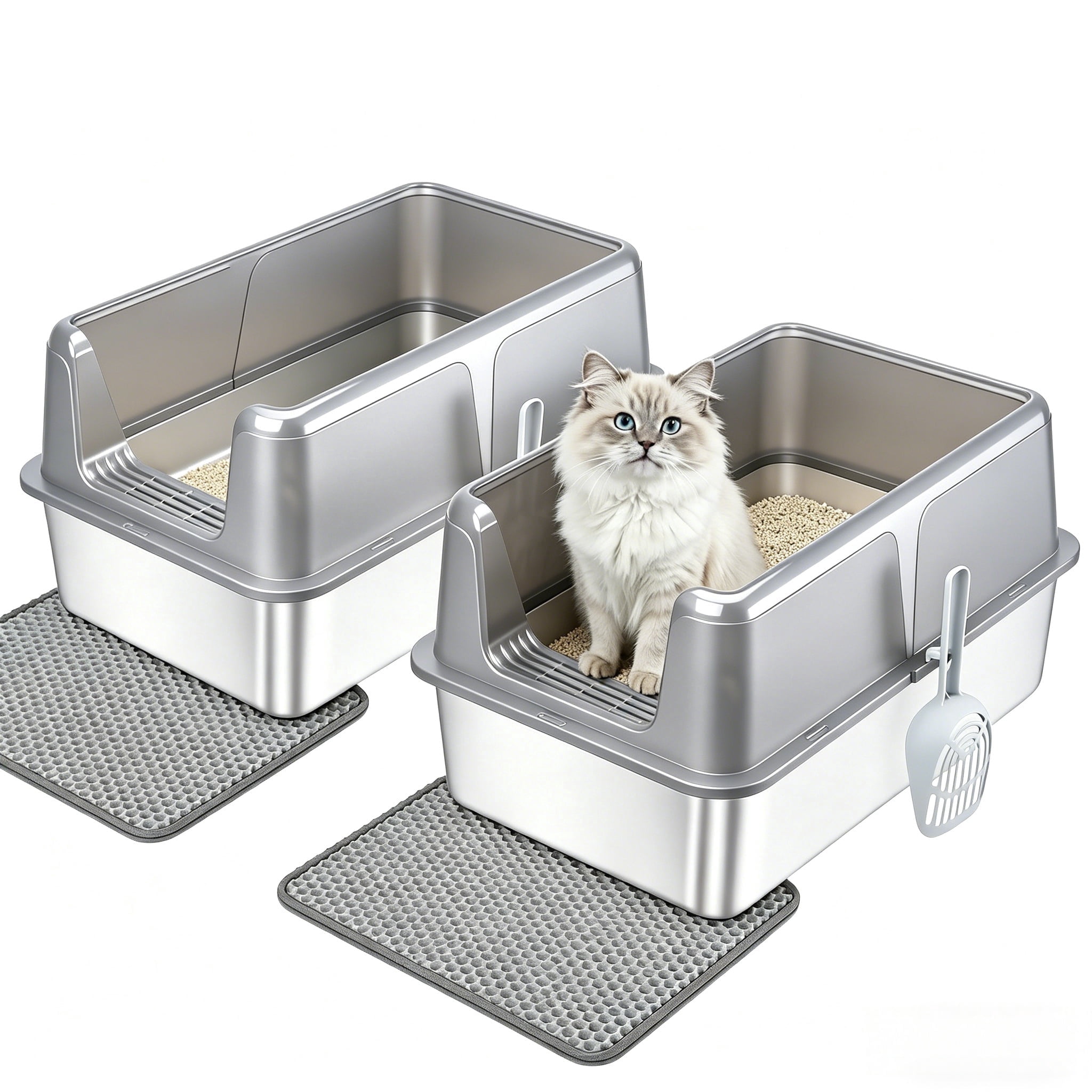 Active Mind Ltd 2-Pack Stainless Steel Cat Litter Box, XXL Covered Litter Box for Giant Cats, Seamless Anti-Leak Design, High Walls for Odor Containment, Easy to Scoop, Gray