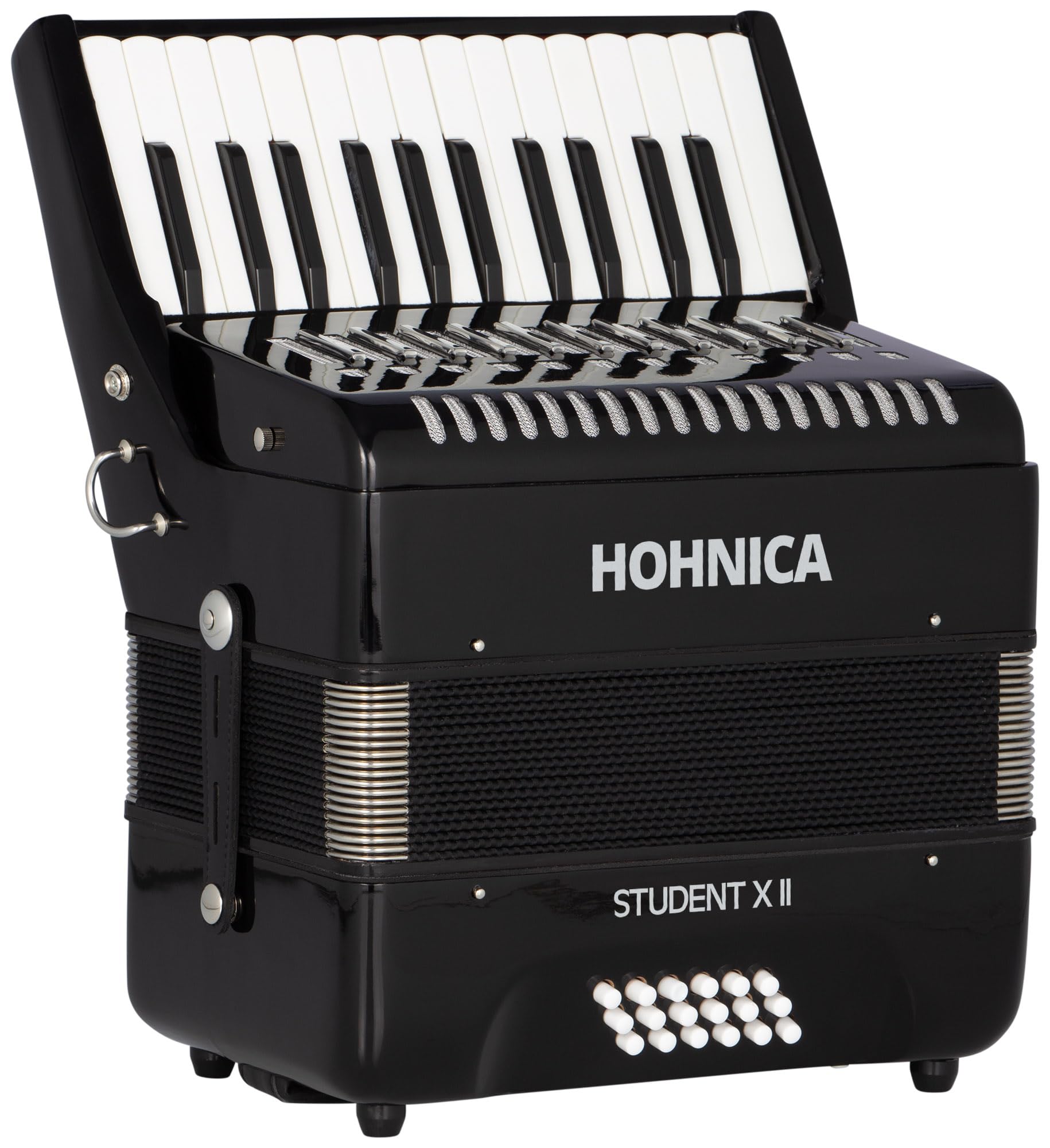 Hohner Hohnica Student XII 44-Key 18 Bass Piano Accordion - Black Bundle with Gig Bag, Adjustable Stand, and Austin Bazaar Polishing Cloth