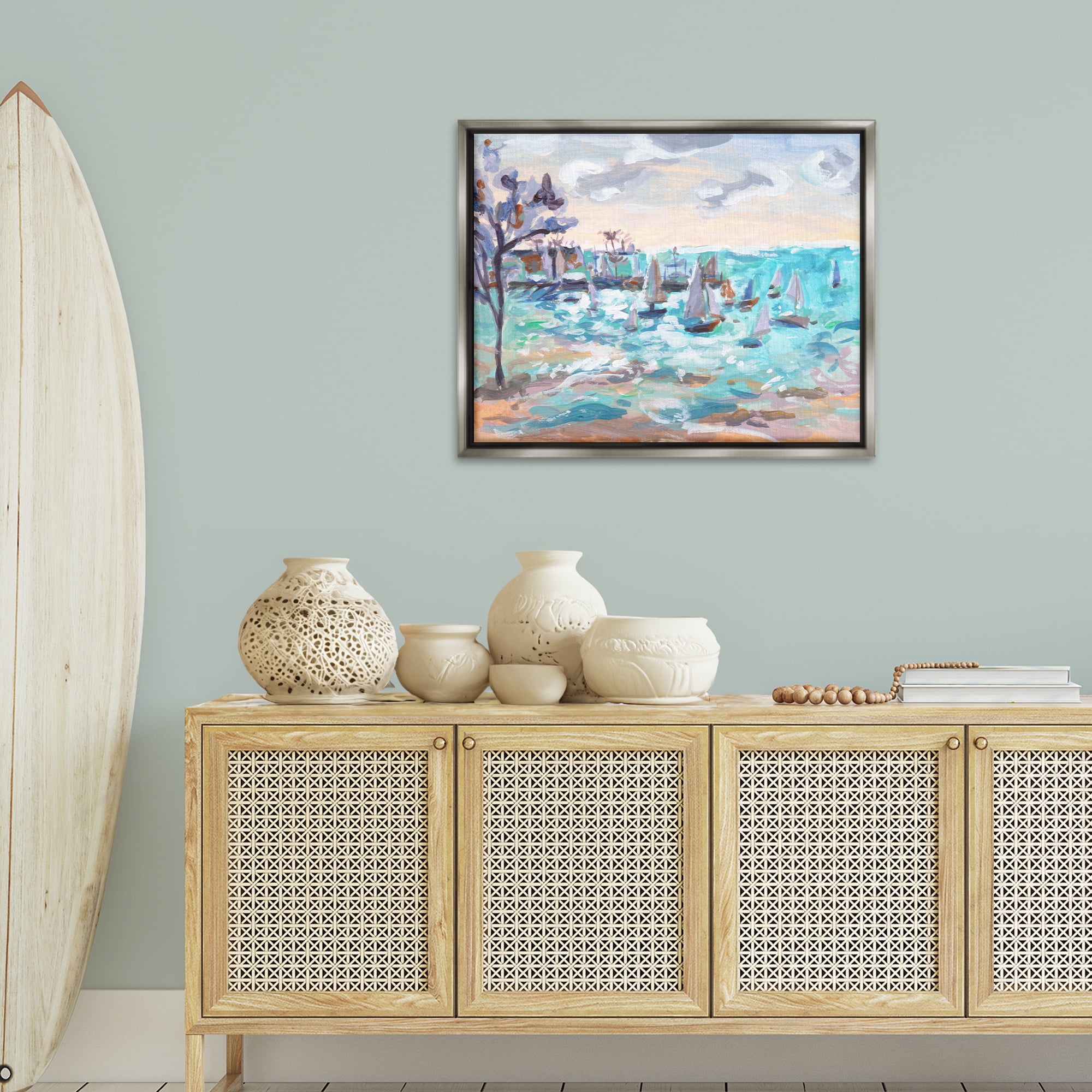 Stupell Industries Sailboat Fleet by Shore Nautical & Beach Painting Gray Floater Framed Canvas Art Print Wall Art, 31 x 25