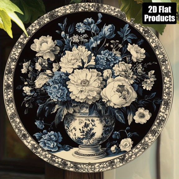 HELLOYOUNG Floral Wall Art Round Metal Decor, Royalegance 2D Blue White Porcelain Retro Tin Sign, Easy Hang Living Room Office Wedding Gift Home Art