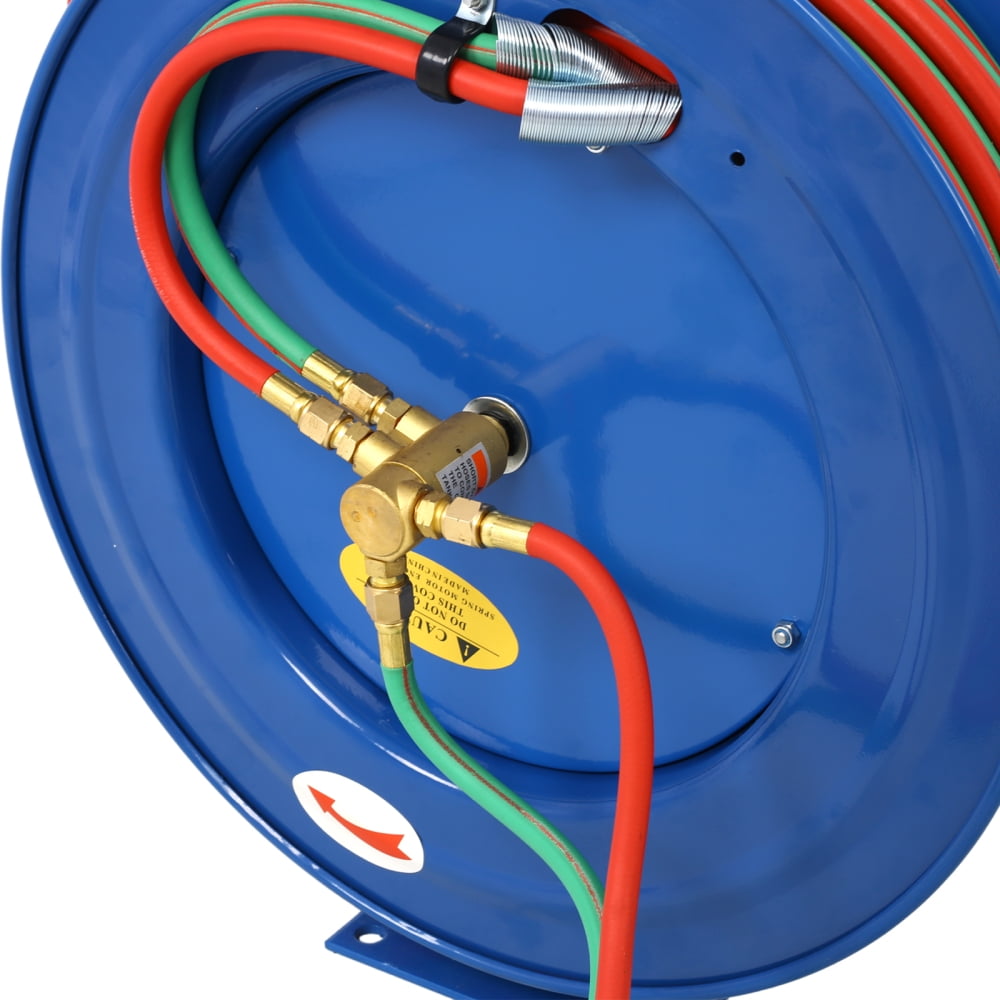 Blue Retractable Welding Hose Reel 1/4 Inch x 100 Ft Twin Oxygen Acetylene Rubber Hoses 200PSI Heavy‑Duty Industrial Single Arm Construction